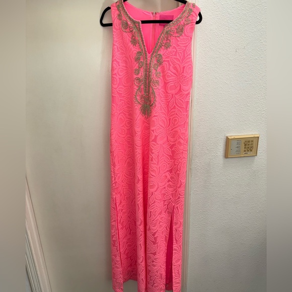 Lilly Pulitzer Lilly’s Coral Pink Wildflower Lace Gold Carlotta Maxi Dress sz 8